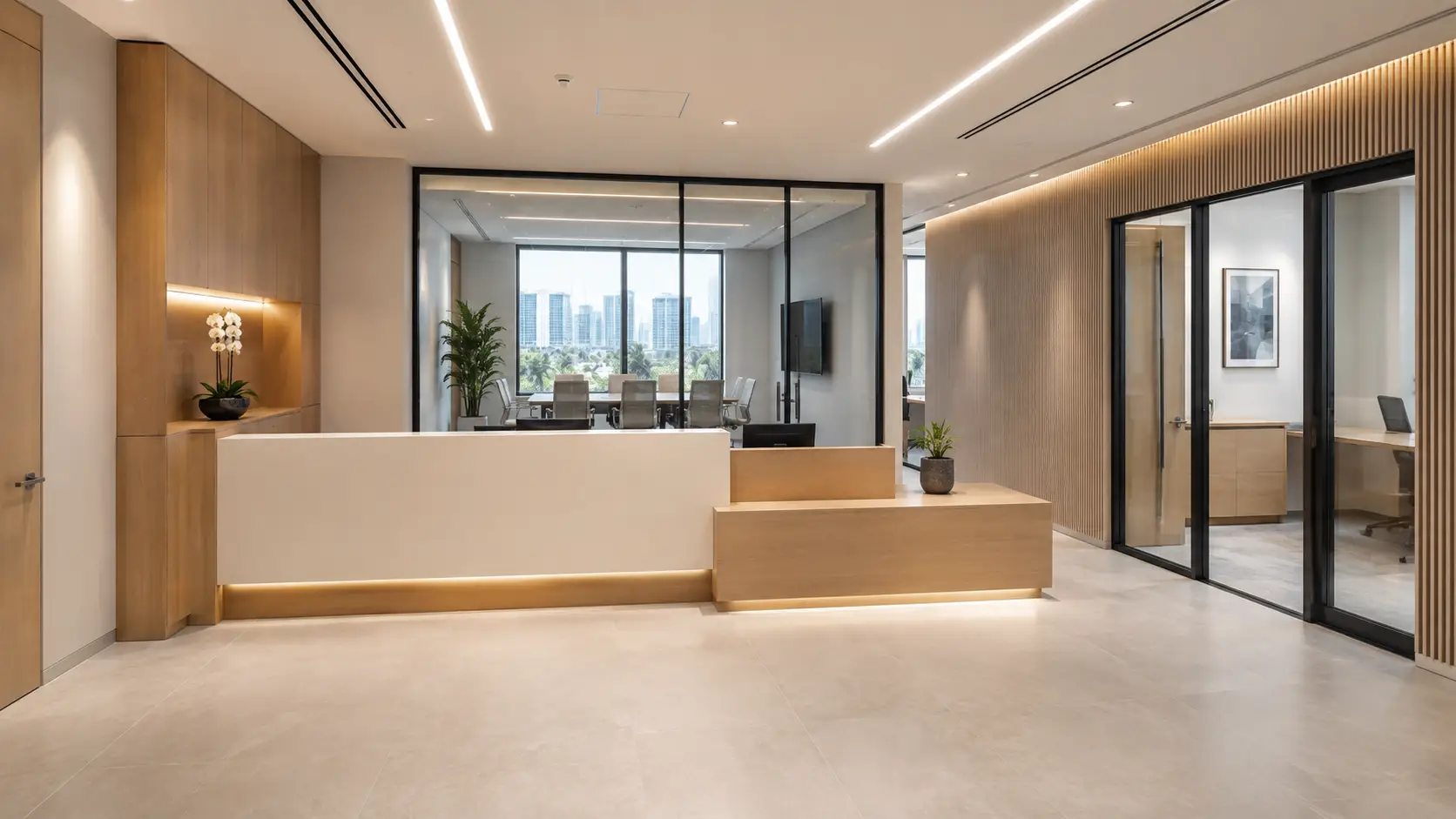 Completed modern interior fit-out with finished seating, lighting, and wall details.