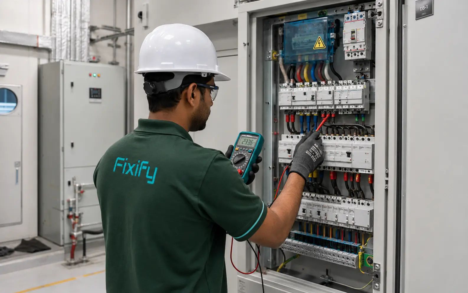 Technician testing an electrical distribution panel with safety tools.