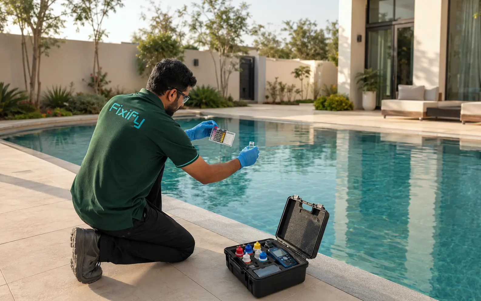 Technician maintaining swimming pool equipment beside clear water.