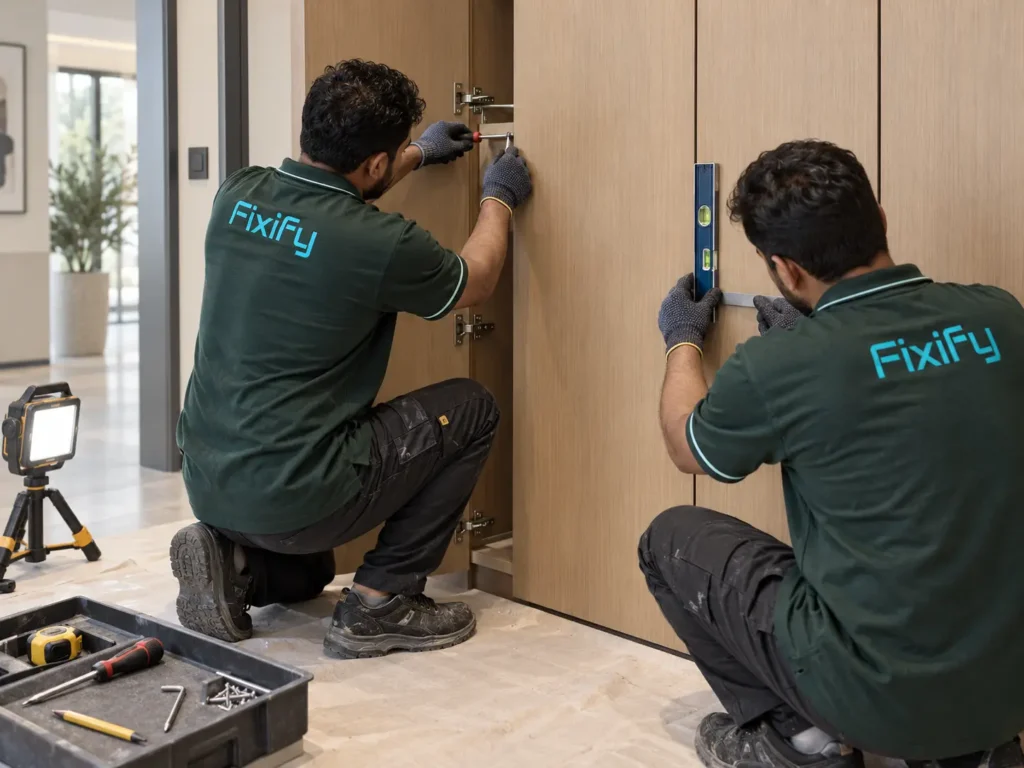 Fixify technicians align timber panels