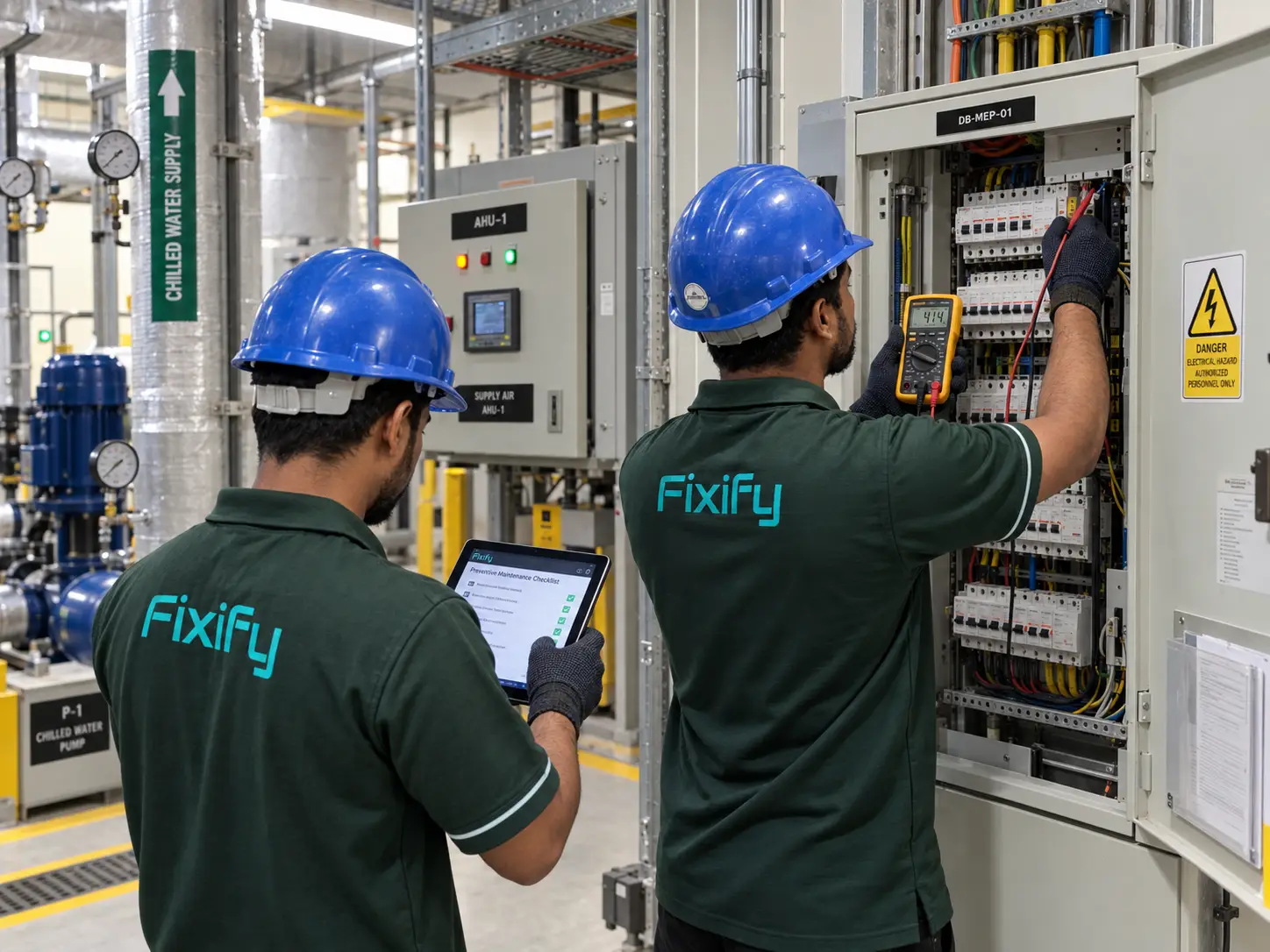 Fixify technician performing preventive MEP inspection in Abu Dhabi