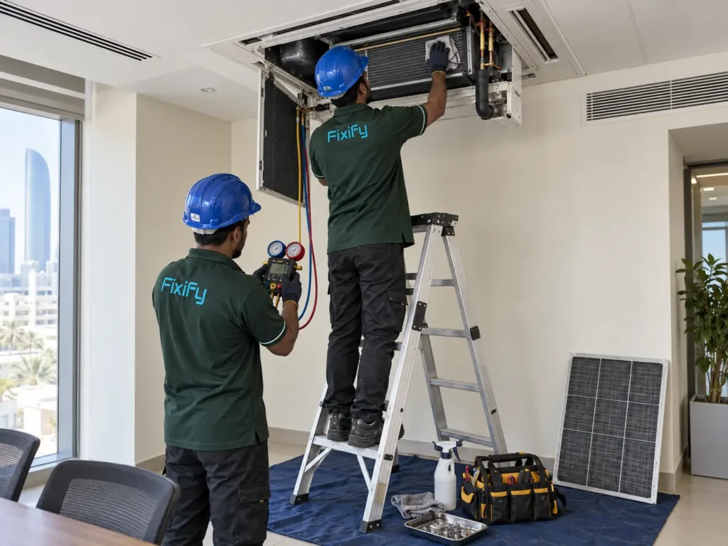 Fixify technicians service a ceiling AC
